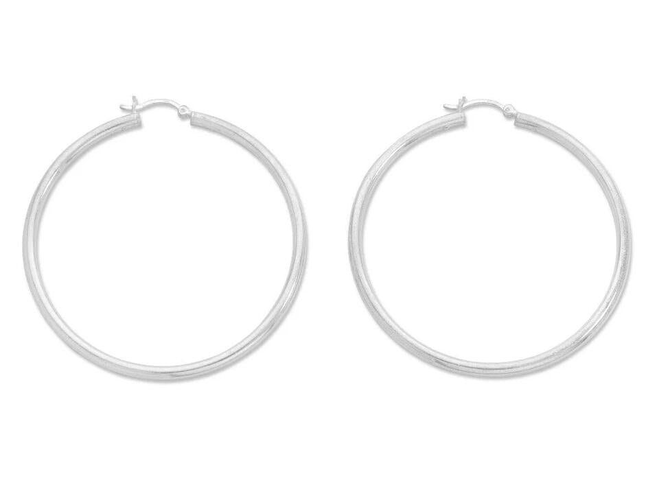 Image of Earrings. Product name - 50mm Plain Hoop Earrings in Sterling Silver in colour by brand - Bevilles