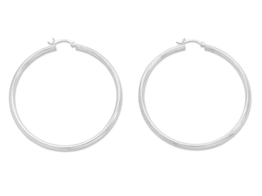 Image of Earrings. Product name - 50mm Plain Hoop Earrings in Sterling Silver in colour by brand - Bevilles