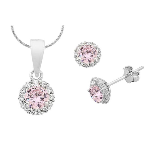 Image of Earrings. Productname: Sterling Silver Pink Cubic Zirconia Necklace and Earrings Set in Silver colour by brand - Bevilles