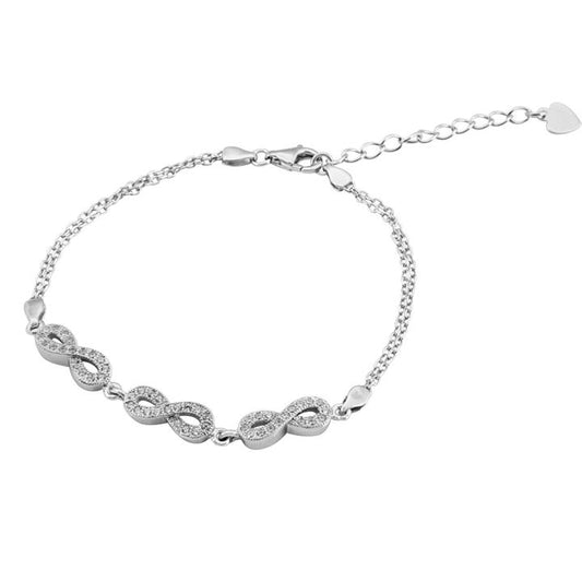 Image of Bracelets. Productname: 20cm Cubic Zirconia Three Infinity Charm Bracelet in Sterling Silver in colour by brand - Bevilles