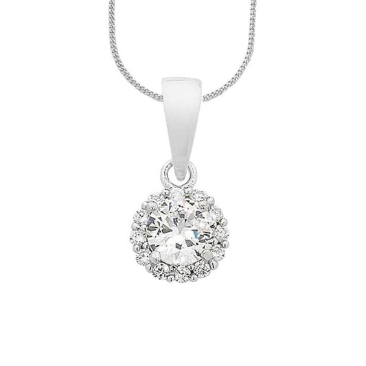 Image of Necklaces. Productname: 45cm Cubic Zirconia Halo Pendant Necklace in Sterling Silver in Silver colour by brand - Bevilles
