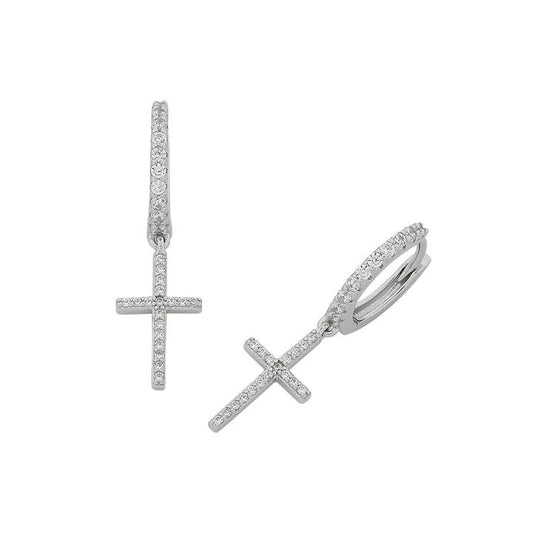 Image of Earrings. Productname: Sterling Silver Cubic Zirconia Cross Drop Earrings in Silver colour by brand - Bevilles