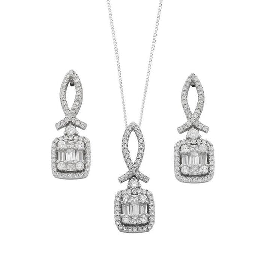 Image of Earrings. Productname: Sterling Silver Baguette Cubic Zirconia Cluster Earrings and Necklace Set in Silver colour by brand - Bevilles