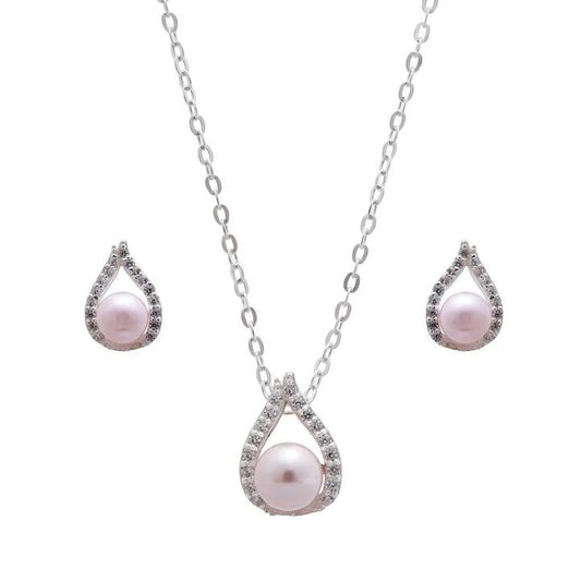 Image of Earrings. Productname: Synthetic Pink Pearl Necklace and Earrings Set in Sterling Silver in Silver colour by brand - Bevilles