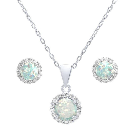 Image of Earrings. Productname: Sterling Silver and Synthetic White Opal and Cubic Zirconia Earrings and Necklace 45cm Set in Silver colour by brand - Bevilles