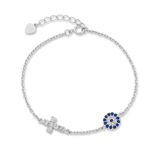 Image of Bracelets. Product name - 19cm Station Cubic Zirconia Evil Eye and Cross Bracelet in Sterling Silver in colour by brand - Bevilles
