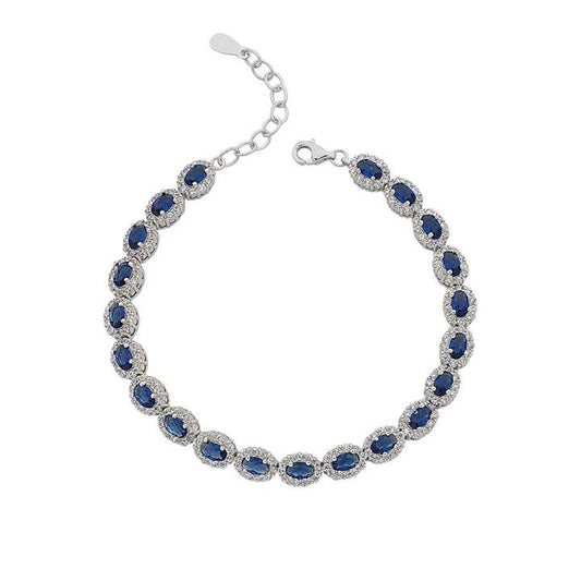 Image of Bracelets. Product name - 19cm Oval Halo Blue and White Cubic Zirconia Bracelet in Sterling Silver in colour by brand - Bevilles