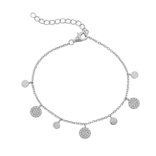 Image of Bracelets. Productname: Sterling Silver Plain and Large Cubic Zirconia Pave Disc Bracelet in Silver colour by brand - Bevilles