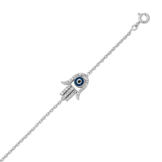 Image of Bracelets. Productname: 18cm Evil Eye Cubic Zirconia Hamsa Charm Bracelet in Sterling Silver in Silver colour by brand - Bevilles