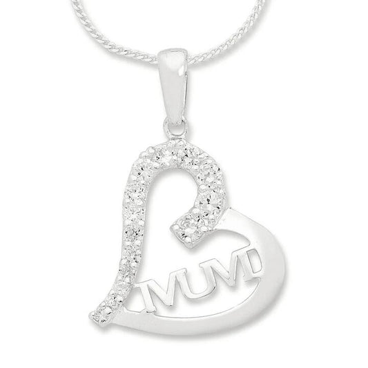 Image of Necklaces. Productname: 45cm Sterling Silver White Cubic Zirconia Mum Heart Necklace in Silver colour by brand - Bevilles