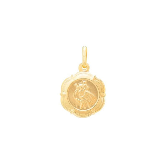 Image of Charms. Productname: St Christopher Scalloped Edge Medal Pendant in 9kt Yellow Gold in Gold colour by brand - Bevilles