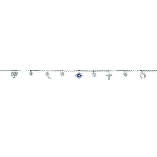 Image of Anklets. Productname: 25cm Sterling Silver Cubic Zirconia 9 Charm Anklet in Silver colour by brand - Bevilles
