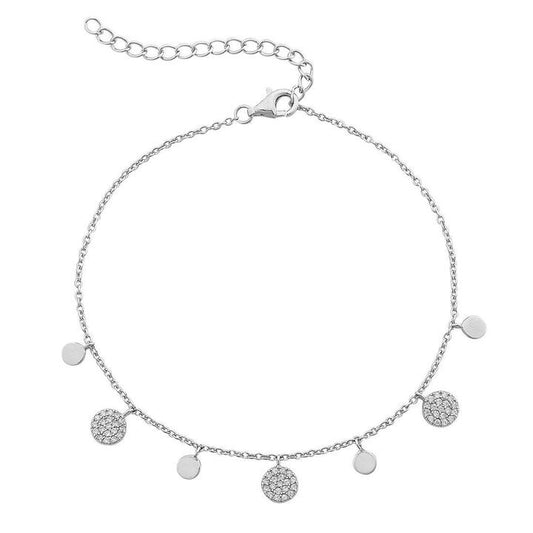 Image of Anklets. Productname: 25cm Sterling Silver Plain and Large Cubic Zirconia Pave Disc Charm Anklet in Silver colour by brand - Bevilles