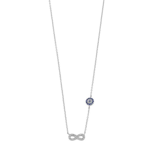 Image of Charms. Product name - 45cm Cubic Zirconia Infinity and Evil Eye Necklace in Sterling Silver in colour by brand - Bevilles