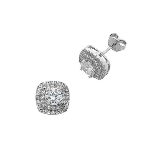 Image of Earrings. Productname: Sterling Silver Cubic Zirconia Double Halo Stud Earrings in Silver colour by brand - Bevilles