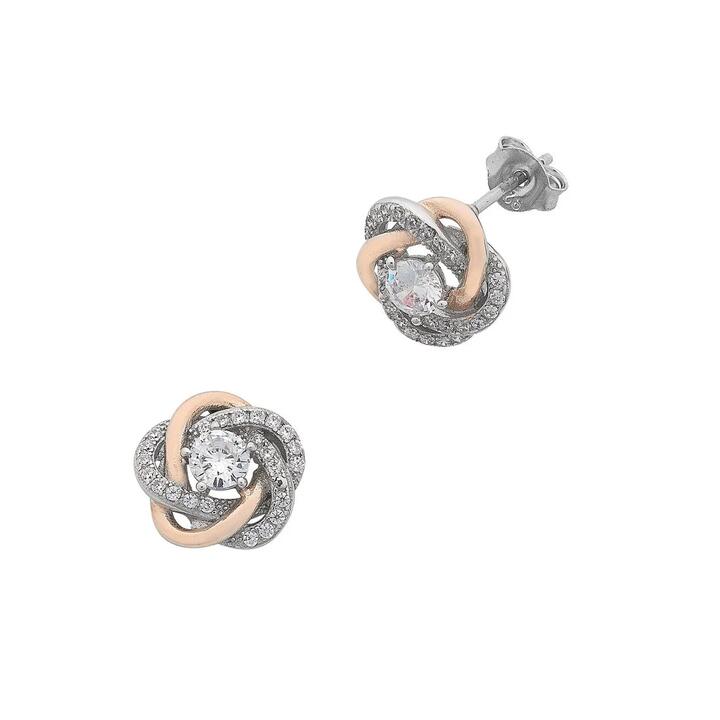 Image of Earrings. Productname: Sterling Silver Cubic Zirconia Swirl Stud Earrings with Rose Accents in Silver colour by brand - Bevilles