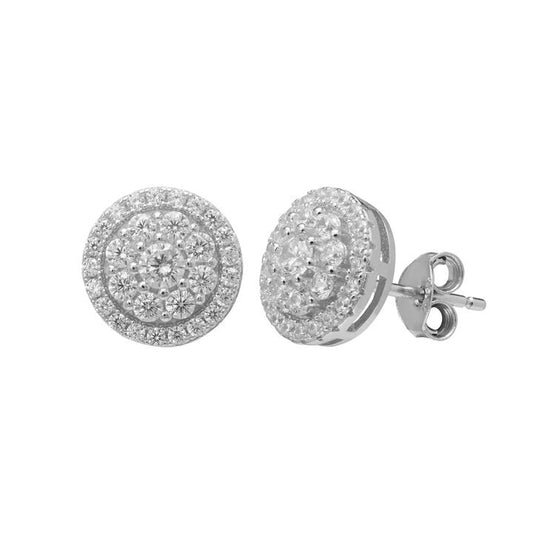 Image of Earrings. Productname: Sterling Silver Cubic Zirconia Round Halo Stud Earrings in Silver colour by brand - Bevilles