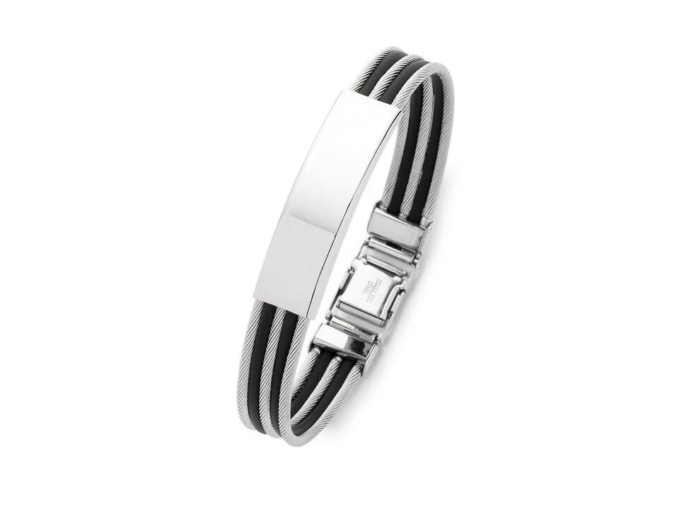 Image of Jewelry. Productname: Stainless Steel ID Alternating Wire and Black Rubber Bangle in Silver colour by brand - Bevilles
