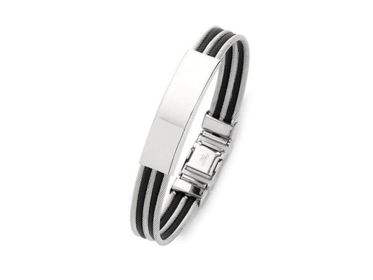 Image of Jewelry. Productname: Stainless Steel ID Alternating Wire and Black Rubber Bangle in Silver colour by brand - Bevilles