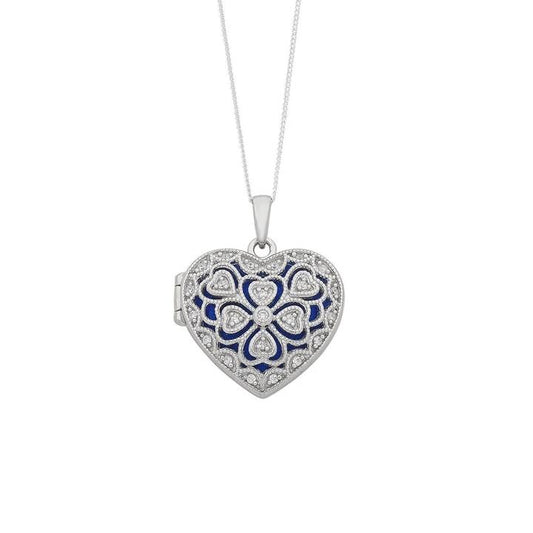 Image of Necklaces. Productname: 45cm Blue Filigree Cubic Zirconia Heart Locket Necklace in Sterling Silver in Silver colour by brand - Bevilles