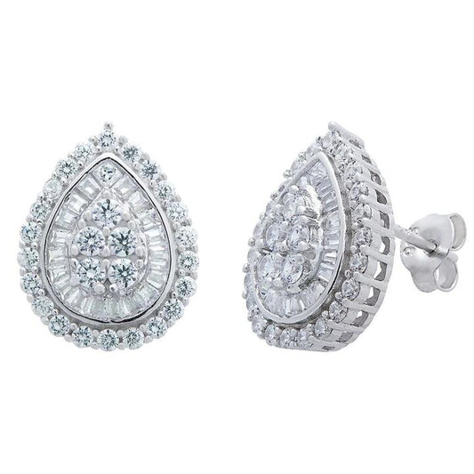 Image of Earrings. Productname: Sterling Silver Cubic Zirconia Pear Halo Stud Earrings in Silver colour by brand - Bevilles