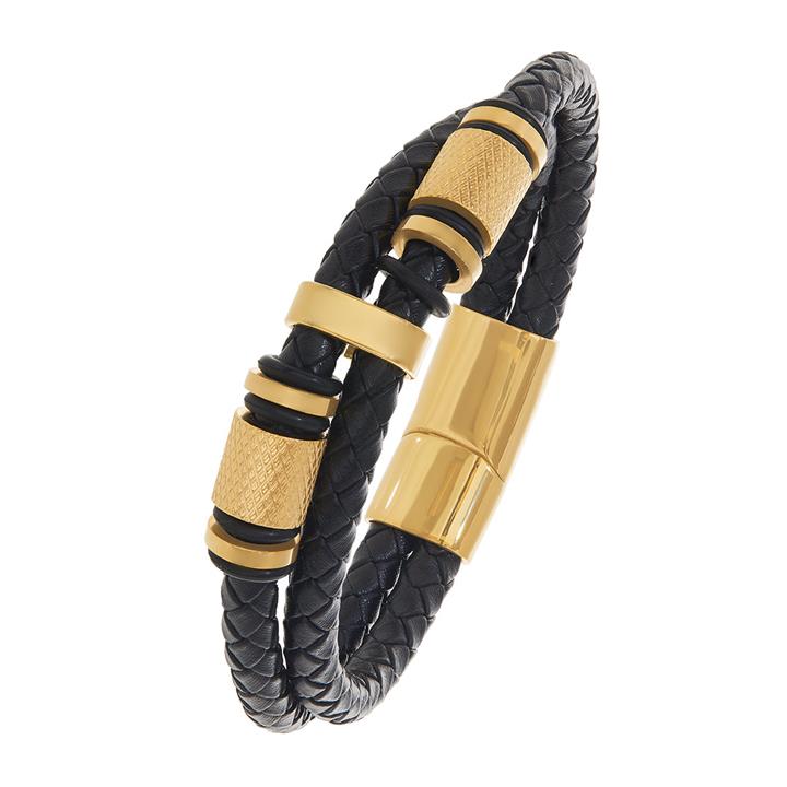 Image of Bracelets. Productname: 20.5cm Yellow Stainless Steel and Leather Bracelet in Silver colour by brand - Bevilles