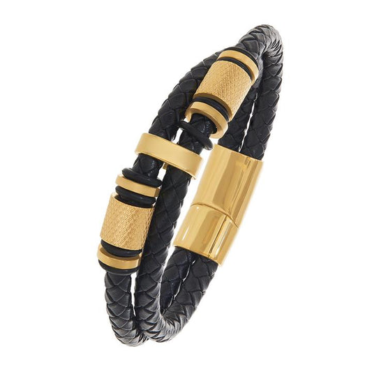 Image of Bracelets. Productname: 20.5cm Yellow Stainless Steel and Leather Bracelet in Silver colour by brand - Bevilles