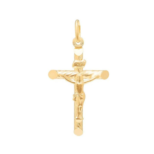 Image of Charms. Productname: Twist Design Crucifix Cross Pendant in 9kt Yellow Gold in Gold colour by brand - Bevilles