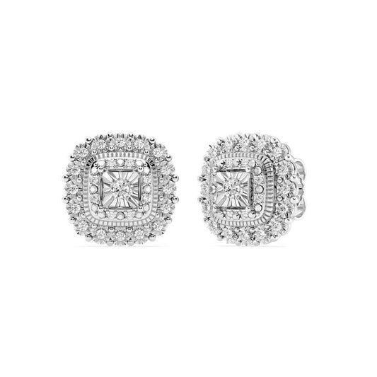 Image of Earrings. Productname: Miracle Surround Halo Earrings with 0.15ct of Diamonds in Sterling Silver in Diamond colour by brand - Bevilles
