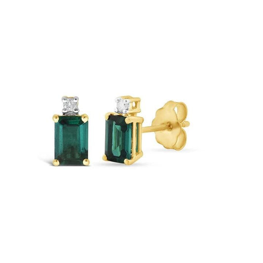 Image of Earrings. Productname: Diamond Set Created Emerald Stud Earrings in 9kt Yellow Gold in Diamond colour by brand - Bevilles