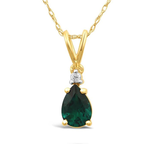 Image of Necklaces. Productname: 45cm Pear Created Emerald and Diamond Set Teardrop Necklace in 9kt Yellow Gold in Diamond colour by brand - Bevilles