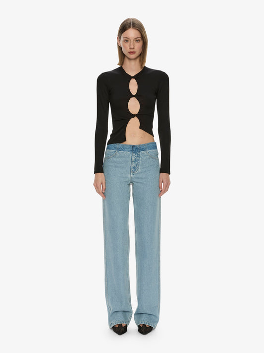 Image of a model wearing Tops. Productname: Christopher Esber Open Twist Long Sleeve Top in Black colour by brand - Christopher Esber