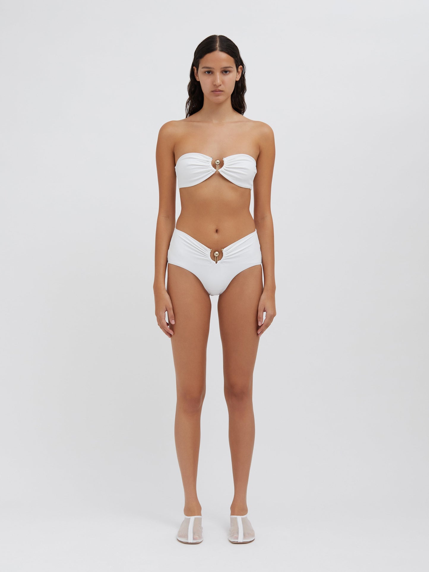 Image of Swimwear. Productname: Christopher Esber Orbit Ruched High Brief in White colour by brand - Christopher Esber