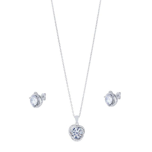 Image of Earrings. Productname: Sterling Silver Cubic Zirconia Swirl Halo Stud Earrings and Necklace Set in Silver colour by brand - Bevilles