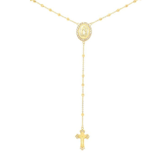 Image of Charms. Product name - 50cm Ornate Cubic Zirconia Rosary Bead Necklace in 9kt Yellow Gold in colour by brand - Bevilles