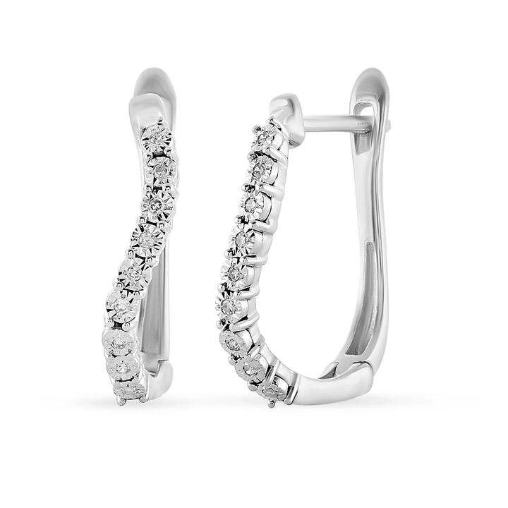 Image of Earrings. Product name - Diamond Set Swirl Hoop Earrings in Sterling Silver in colour by brand - Bevilles