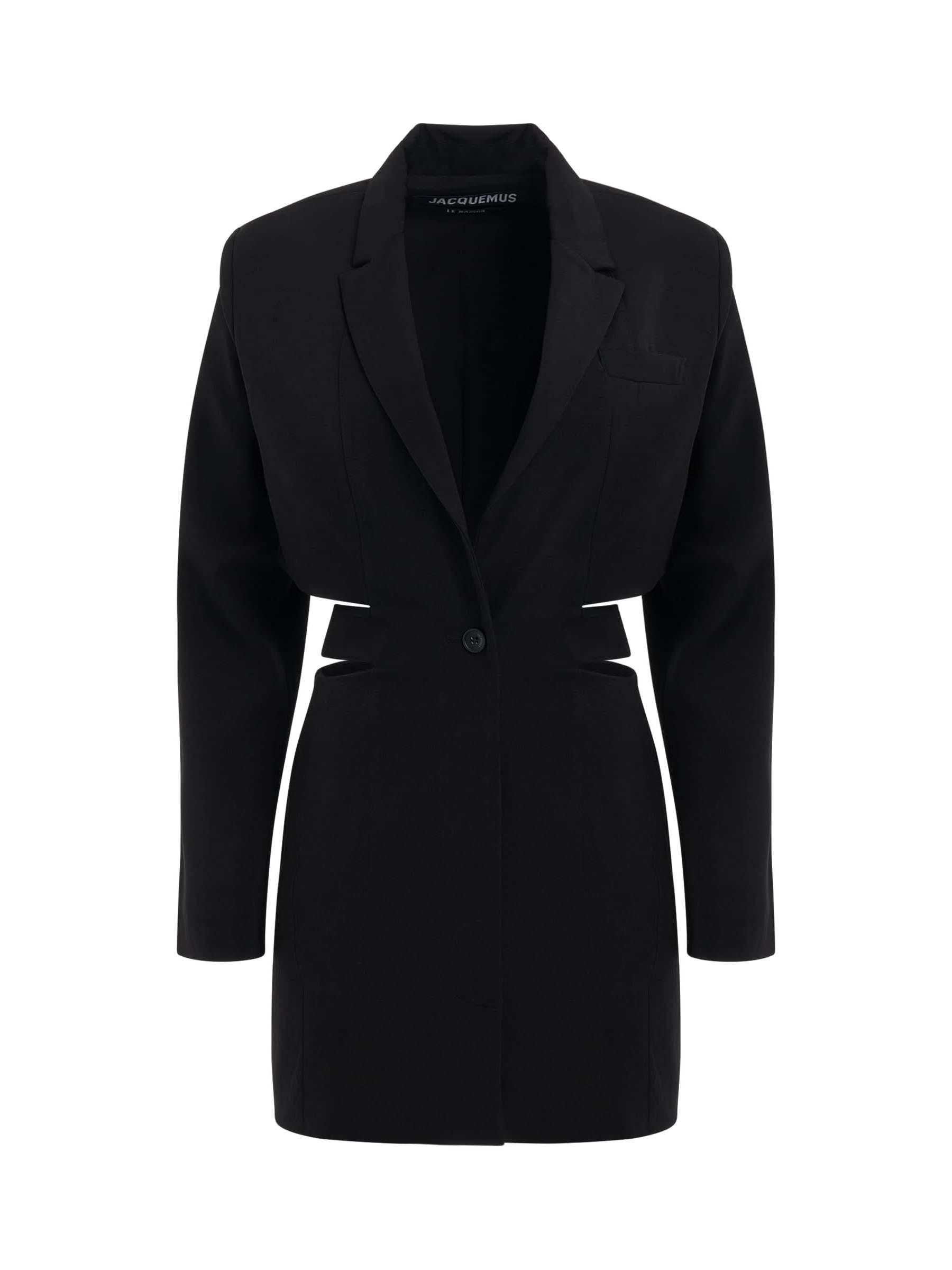 Image of a model wearing Dress. Productname: JACQUEMUS Bari Blazer Mini Dress in Black colour by brand - JACQUEMUS