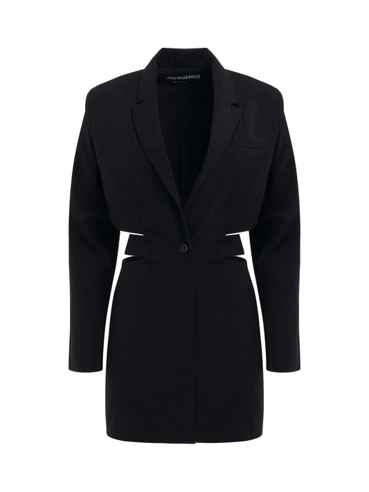 Image of a model wearing Dress. Productname: JACQUEMUS Bari Blazer Mini Dress in Black colour by brand - JACQUEMUS