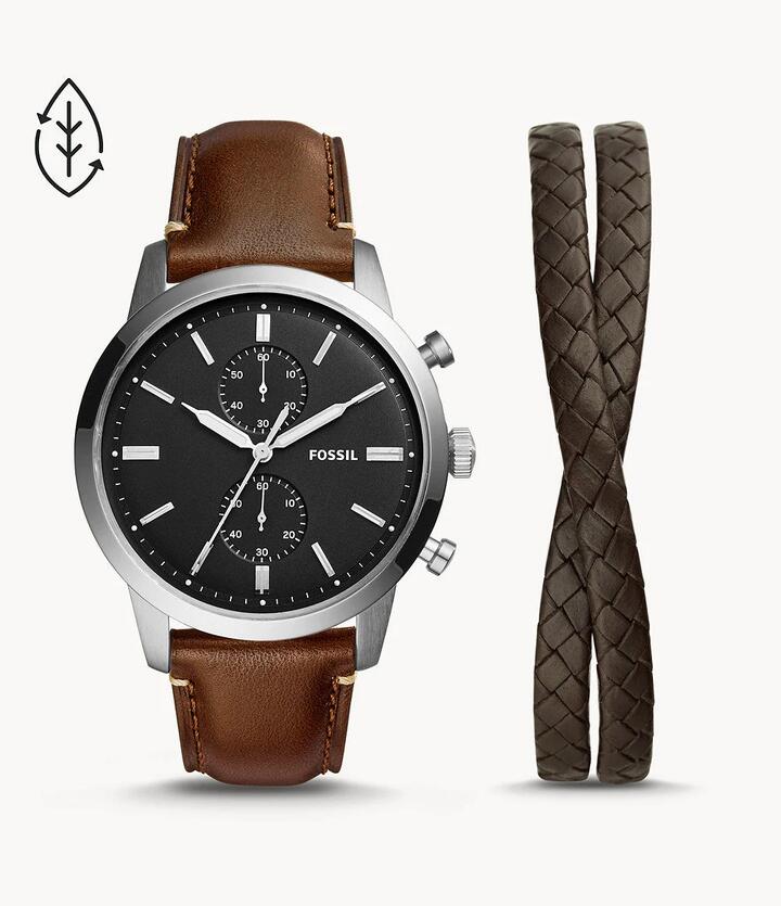 Image of Watches. Productname: Fossil Townsman Silver and Brown Watch Gift Set FS5967SET in Watch colour by brand - Fossil