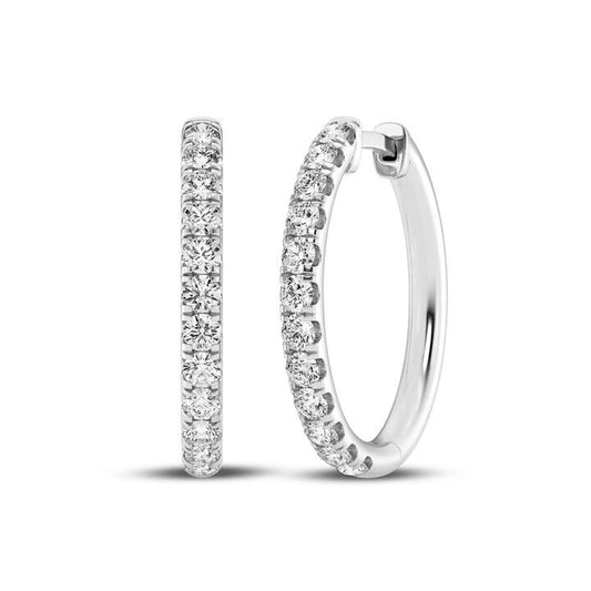 Image of Earrings. Productname: Meera Hoop Earrings with 1.00ct of Laboratory Grown Diamonds in 9kt White Gold in Diamond colour by brand - Bevilles