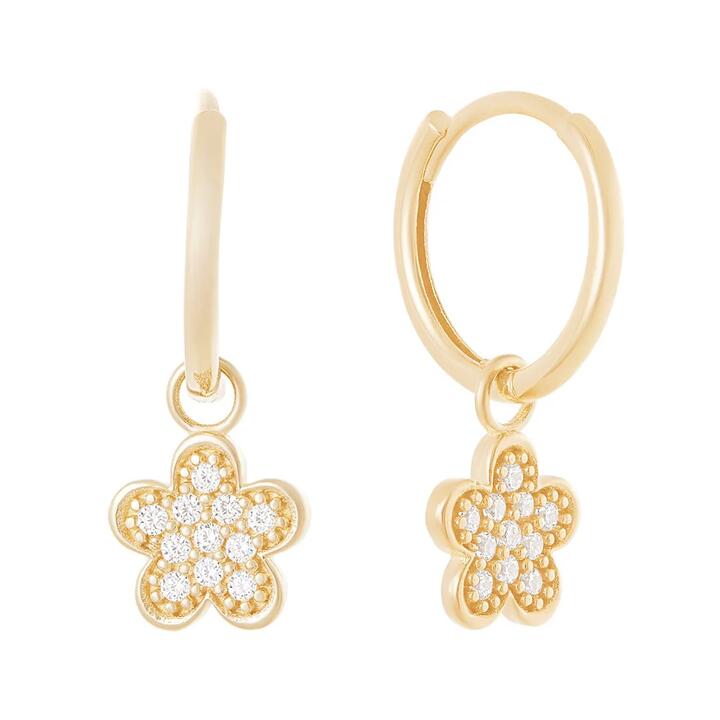 Image of Earrings. Productname: Cubic Zirconia Flower Charm Huggie Earrings in 9kt Yellow Gold in Gold colour by brand - Bevilles