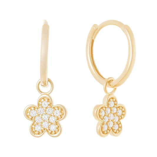 Image of Earrings. Productname: Cubic Zirconia Flower Charm Huggie Earrings in 9kt Yellow Gold in Gold colour by brand - Bevilles
