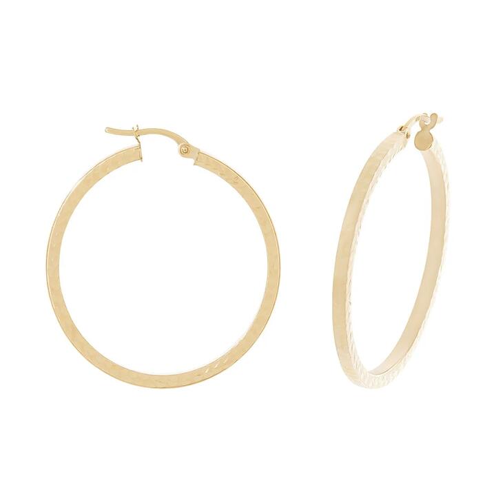 Image of Earrings. Productname: 9kt Yellow Gold 30mm Diamond Cut Hoop Earrings in Gold colour by brand - Bevilles