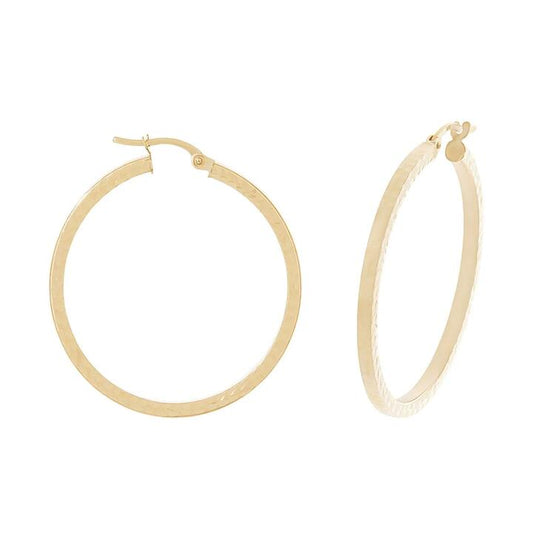 Image of Earrings. Productname: 9kt Yellow Gold 30mm Diamond Cut Hoop Earrings in Gold colour by brand - Bevilles