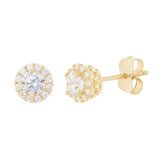 Image of Earrings. Productname: Cubic Zirconia Halo Stud Earrings in 9kt Yellow Gold in Gold colour by brand - Bevilles