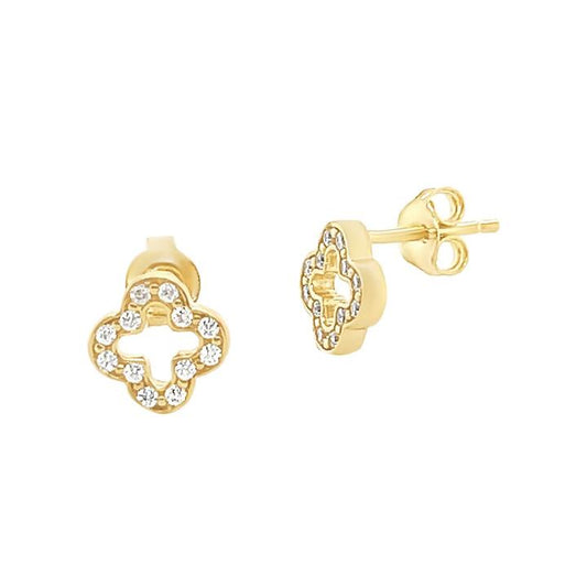 Image of Earrings. Productname: Clover Stud Earrings in 9kt Yellow Gold Silver Infused with Cubic Zirconia in Gold colour by brand - Bevilles
