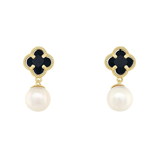 Image of Earrings. Productname: Black Clover and Pearl Stud Earrings in 9kt Yellow Gold Silver Infused in Gold colour by brand - Bevilles