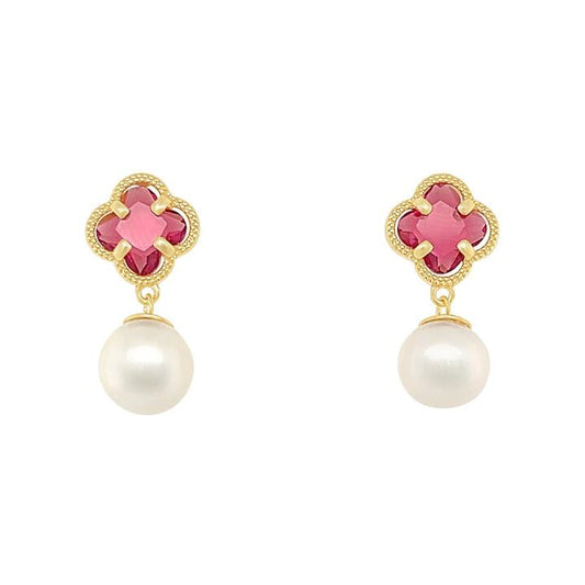 Image of Earrings. Productname: Red Clover and Pearl Stud Earrings in 9kt Yellow Gold Silver Infused in Gold colour by brand - Bevilles