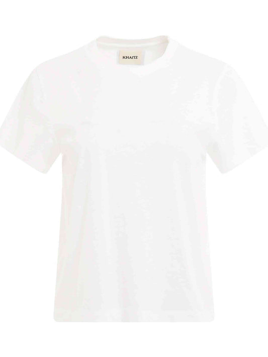 Image of a model wearing Tops. Productname: KHAITE Emmylou T-Shirt in WHITE colour by brand - KHAITE