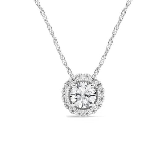 Image of Necklaces. Productname: Meera Halo Solitaire Necklace with 0.60ct of Laboratory Grown Diamonds in 9kt White Gold in Diamond colour by brand - Bevilles
